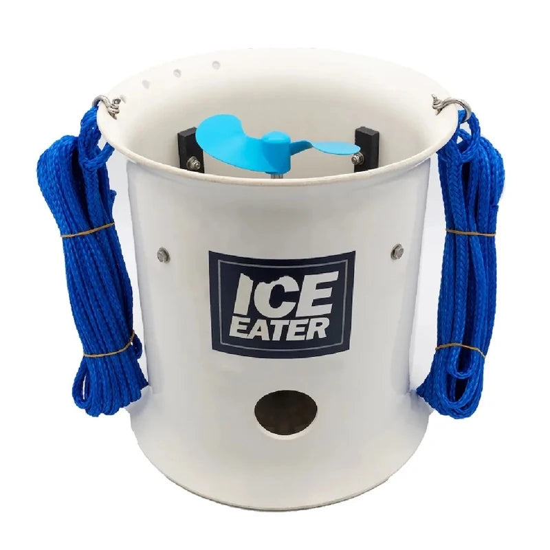 Power House P750 Ice Eater - 3/4 Hp with blue ropes on either side attached to the main part colored off-white with a pastel blue fan inside held by a black attachment.