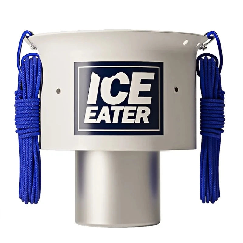 Power House Ice Eater P250 image, front view. White shroud covers the top portion of the motor, the bottom cylinder is visble. Big Ice Eater logo on the front, white on navy blue.