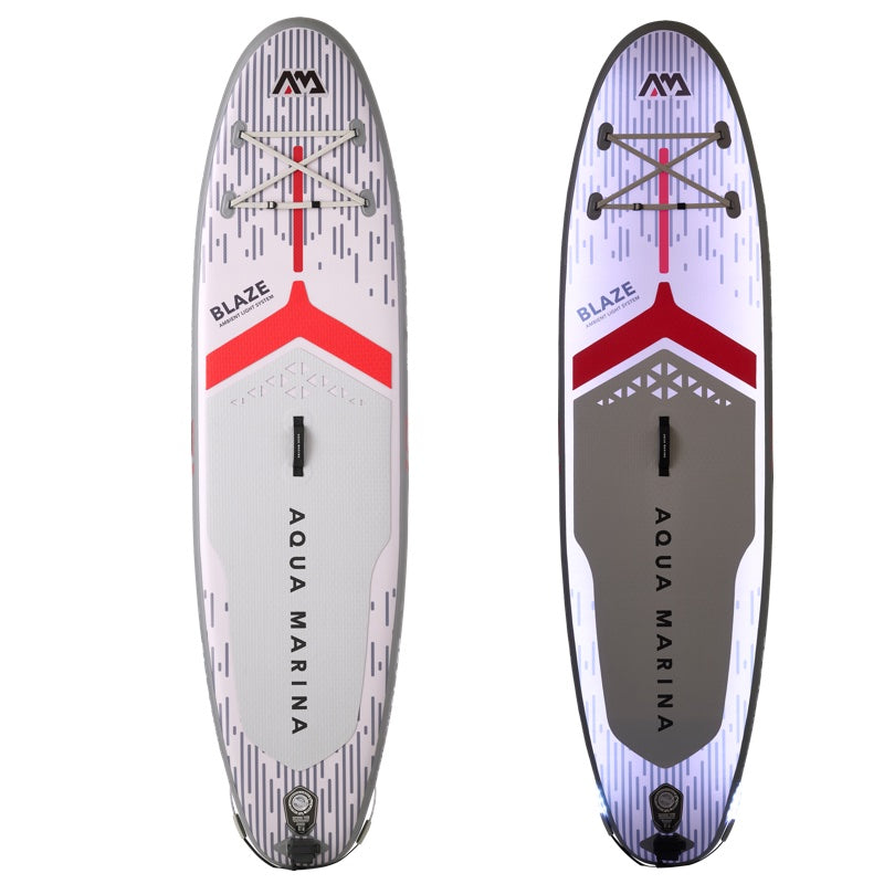 Aqua Marina Blaze paddle board from front views - regular and lit up - on a white background