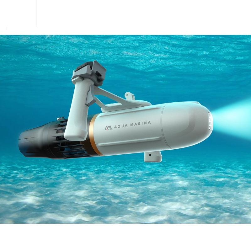 Underwater scooter with Aqua Marina branding on a blue underwater background