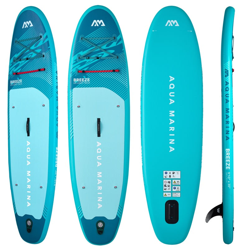 Blue Aqua Marina inflatable stand-up paddleboard with multiple views on a white background