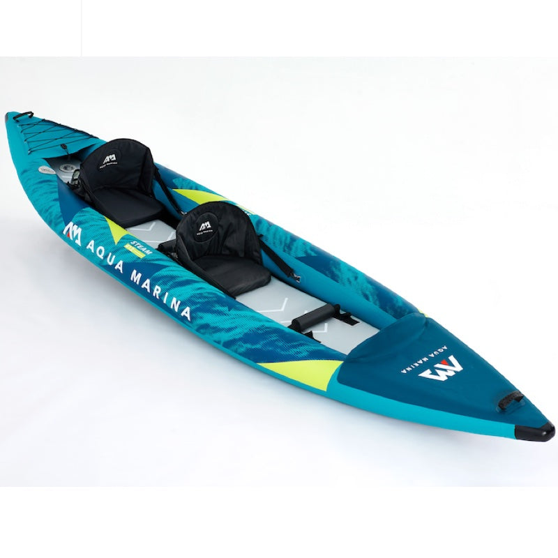 Teel and aqua inflatable kayak with Aqua Marina branding on a white background