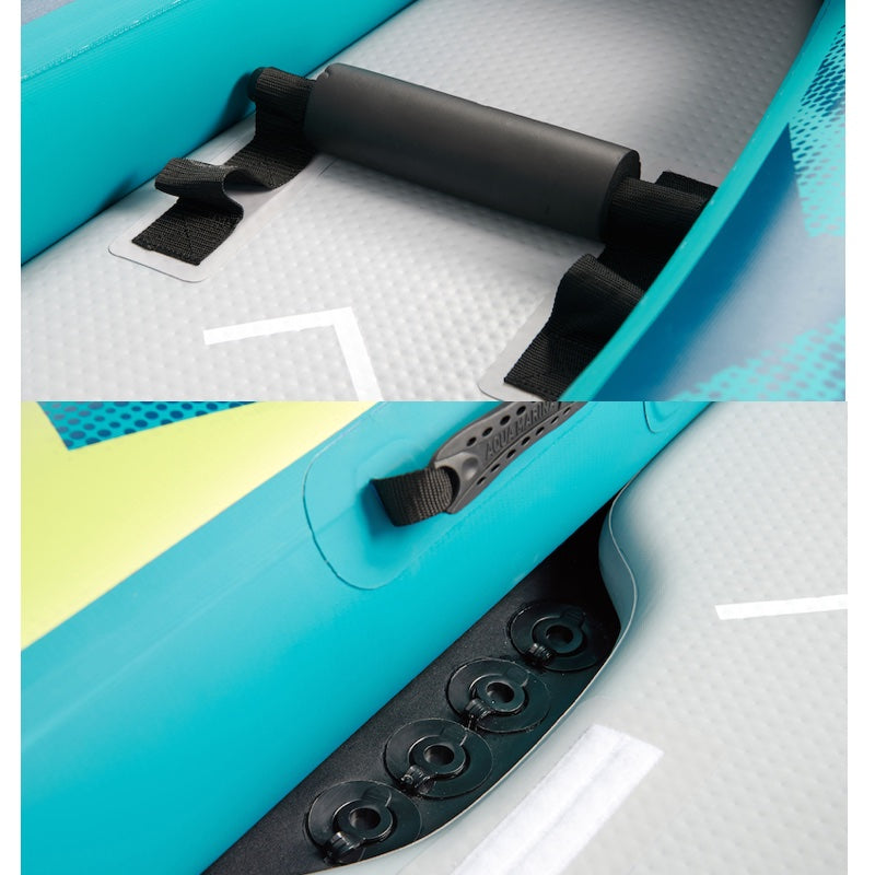 Close-up of a teal inflatable kayak with black footrest and drain on a gray background