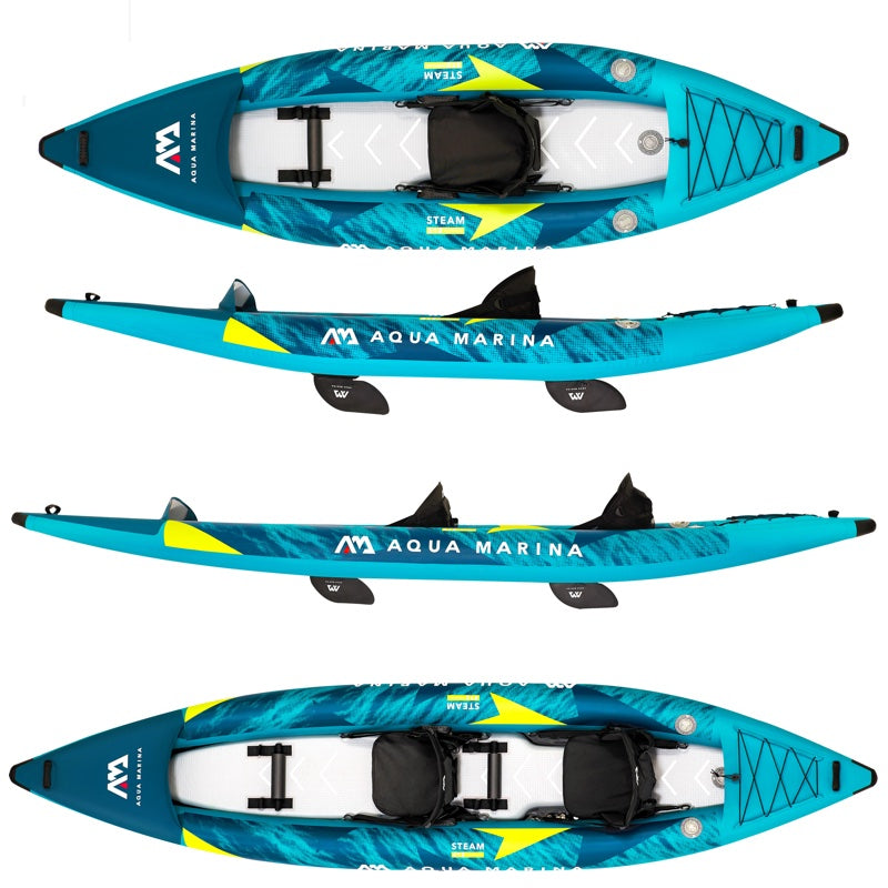 Aqua Marina Steam inflatable 
kayak shown from multiple angles on a white background