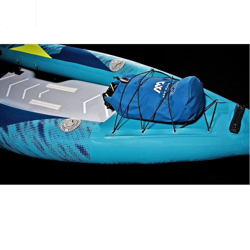 Blue kayak with a blue bag attached to it on a white background