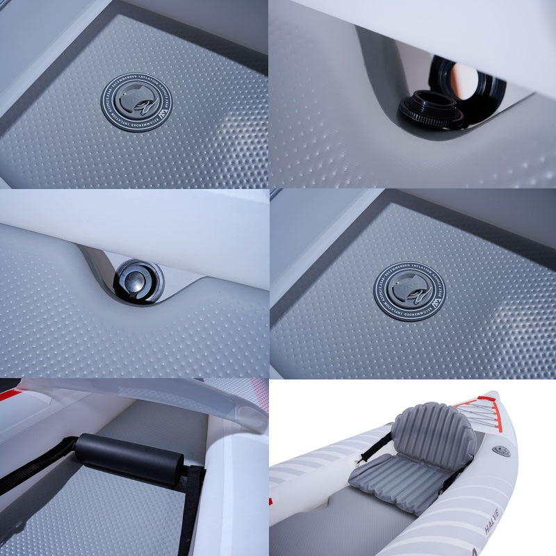 Collage of close-up shots of an inflatable boat's interior with textured ceiling and seat.