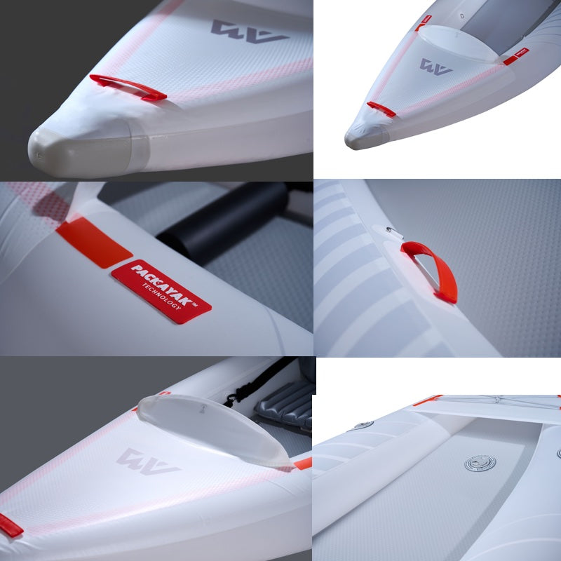 Collage of a white inflatable boat with red accents and 'Aqua Marine' branding.