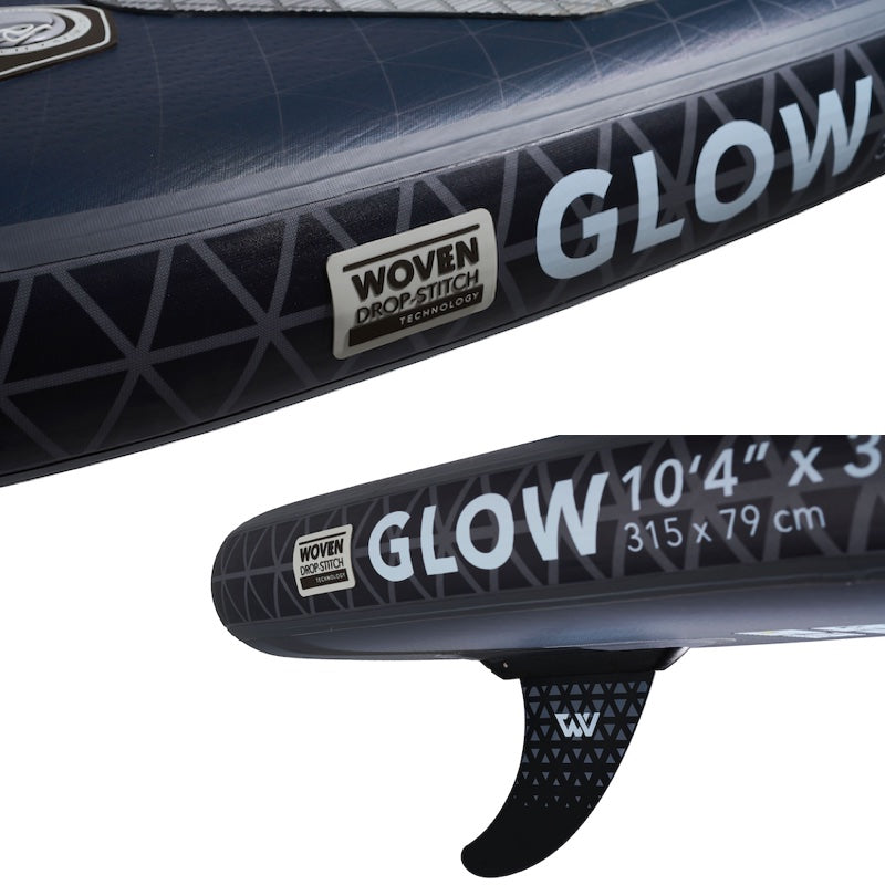 Close-up of a surfboard with 'GLOW' branding and technical details.