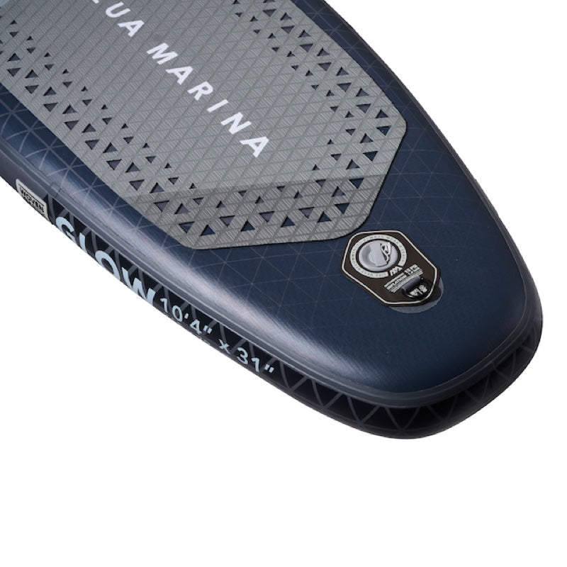 Close-up of a blue and gray surfboard with 'Glow' branding on a white background