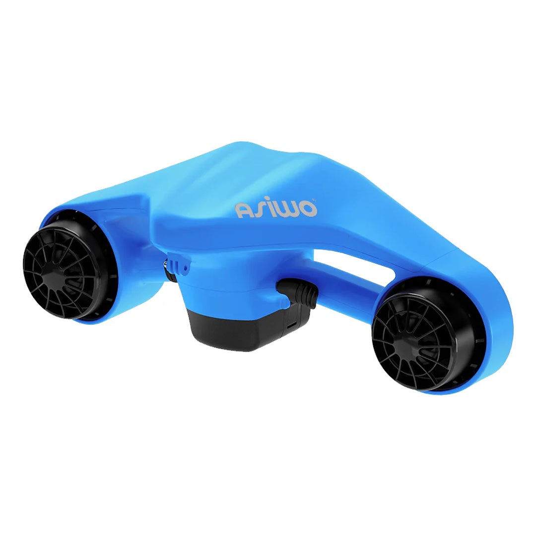 Asiwo Manta Sea Scooter. It is sky blue with gray Asiwo logo and black booster fans.