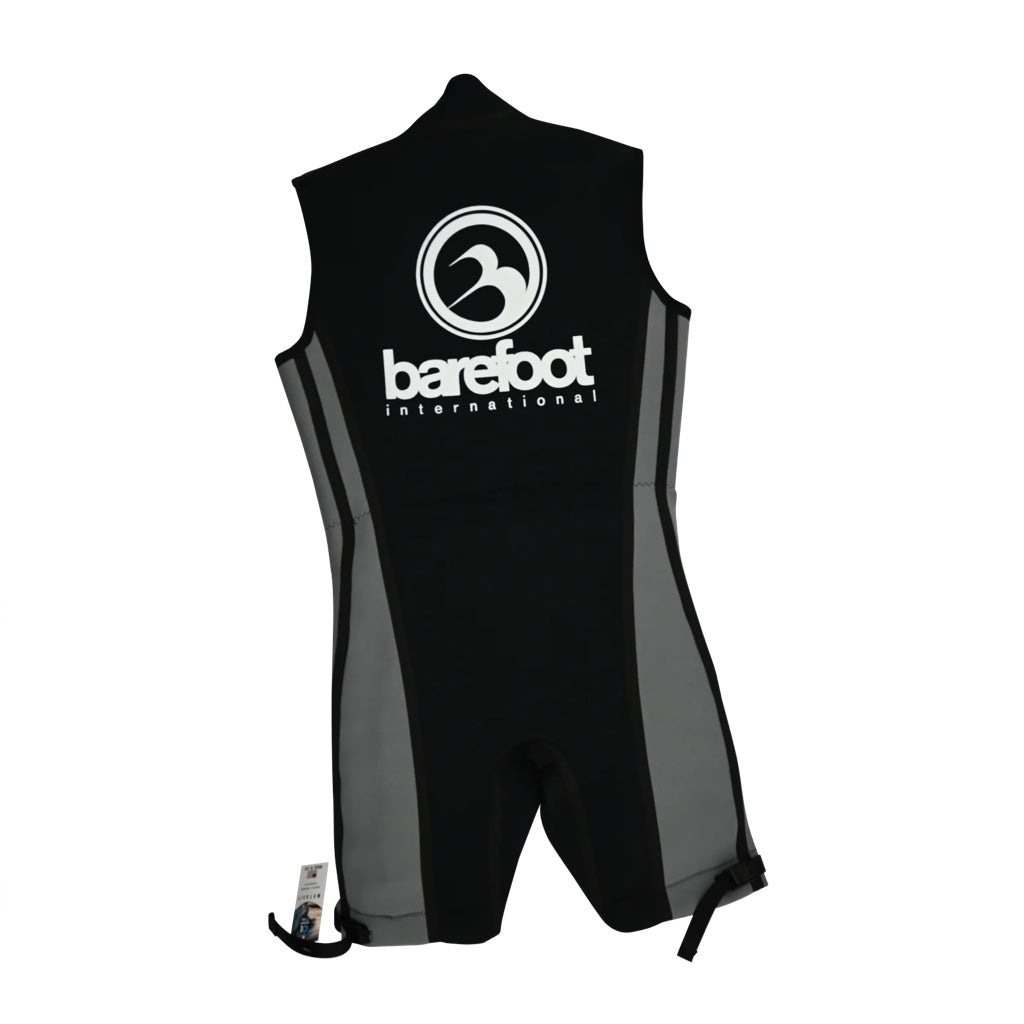 Black and gray sleeveless athletic outfit with the 'barefoot international' logo in white in the middle of the back. Back view.