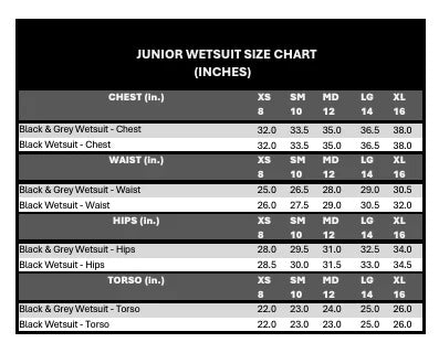 Barefoot Junior wetsuit size chart in inches with Black &amp; Grey Wetsuit branding.