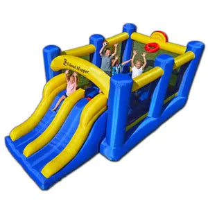 Island Hopper Racing Slide and Slam Bounce House - Yellow and Blue with kids playing inside.