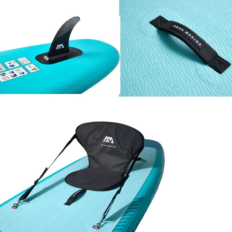 Supplemental accessories for a paddleboard including a fin, leash, and seat on a blue background.
