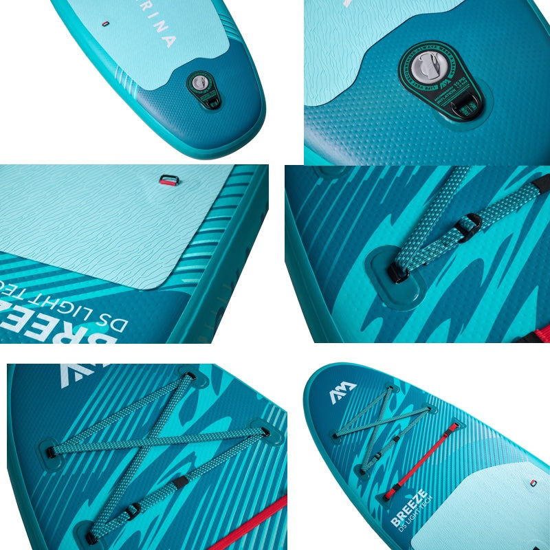 Collage of close-up shots of a blue inflatable SUP with various details.