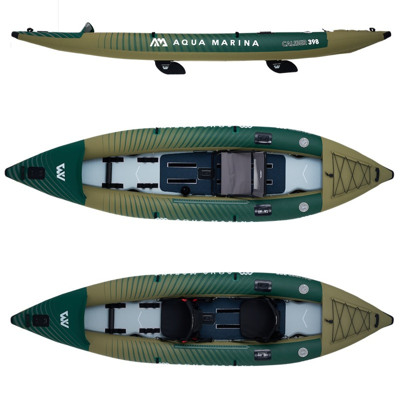 Inflatable fishing kayak with Aqua Marina branding shown from top, side, and bottom views on a white background.