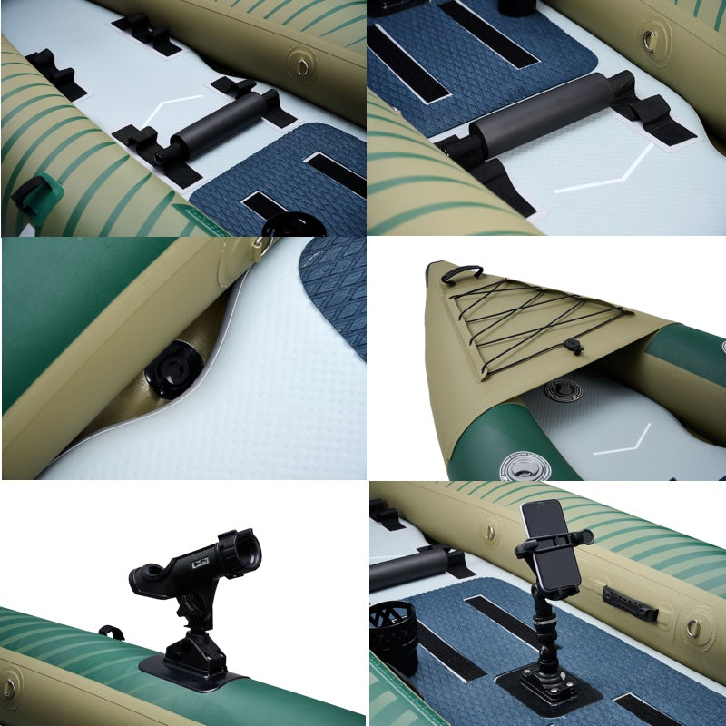 Collage of an inflatable fishing kayak with mounted accessories on a white background
