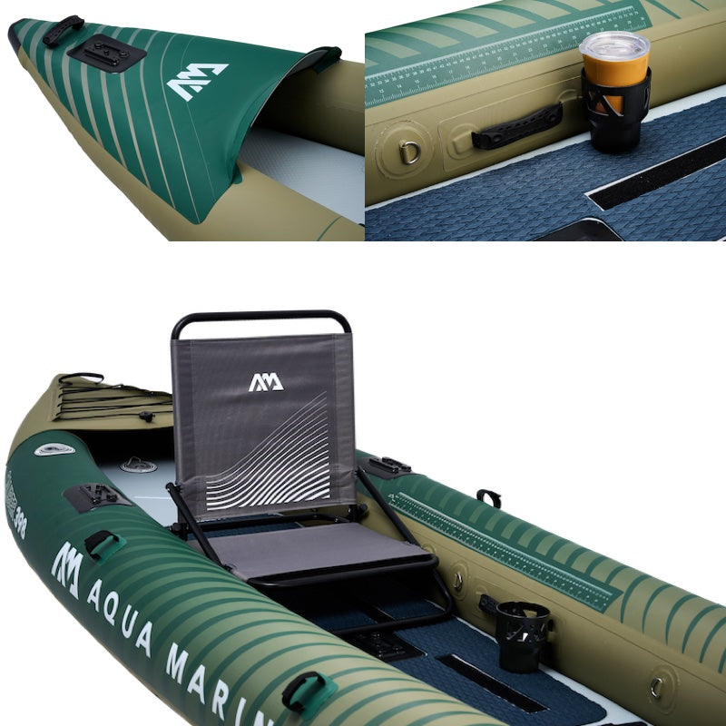 Inflatable fishing kayak with seat and cup holder, featuring Aqua Marina branding.