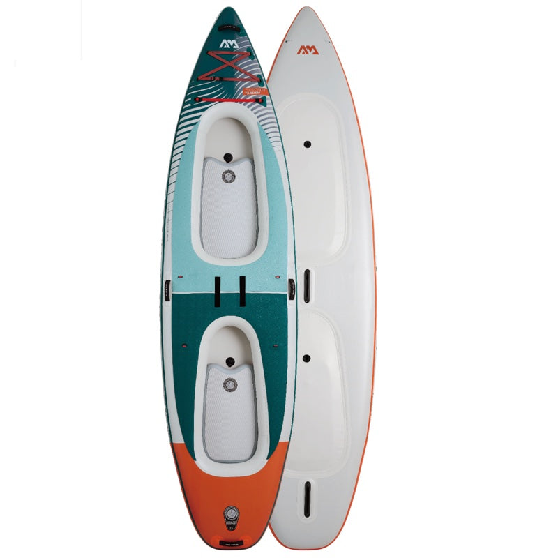 Hybrid inflatable kayak top and bottom view on a white background