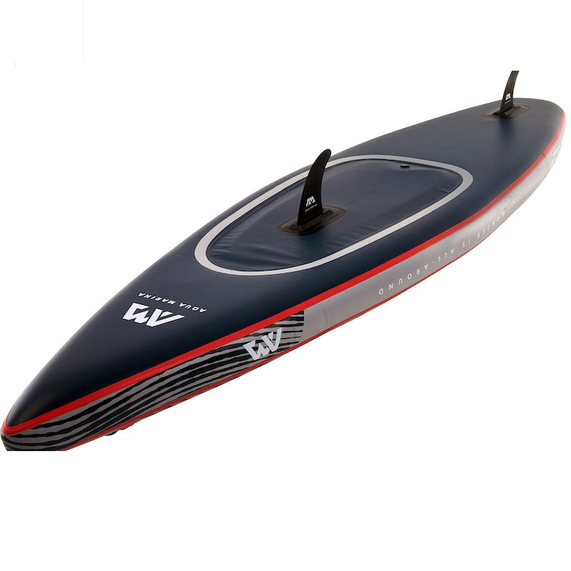 Bottom side of an inflatable stand-up paddleboard with black, gray, and red design on a white background