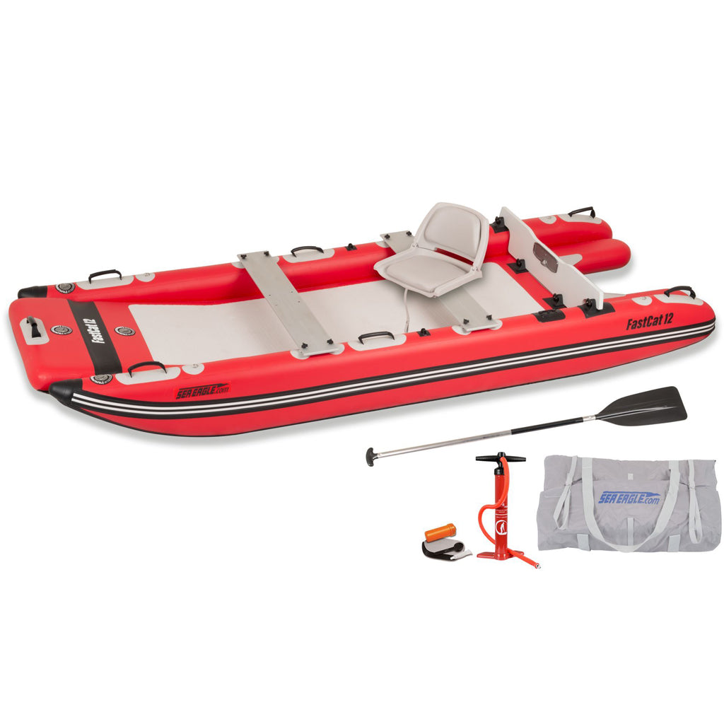 This is the orange-white 1-seater Sea Eagle FastCat 12 Catamaran Inflatable Boat set including the inflatable boat, pump, paddleboard and container bag.