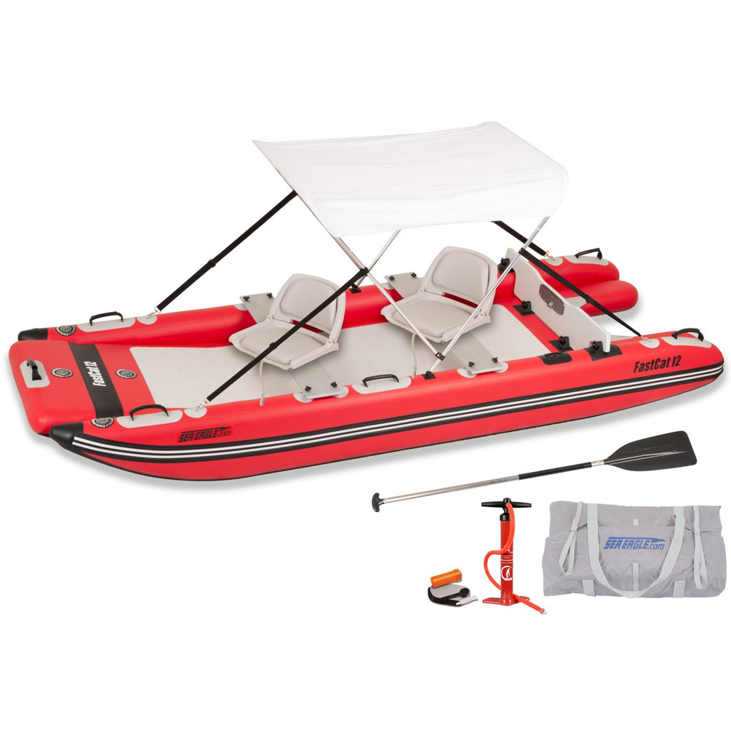 This is the orange-white Sea Eagle FastCat 12 Catamaran Inflatable Boat complete set including the inflatable boat with white Wide Sun &amp; Rain Canopy, 2-seats, pump, paddleboard and container bag.
