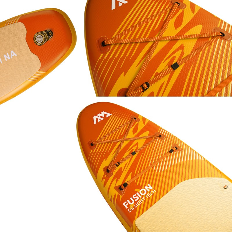Orange and yellow surfboard with 'Fusion' branding on a white background