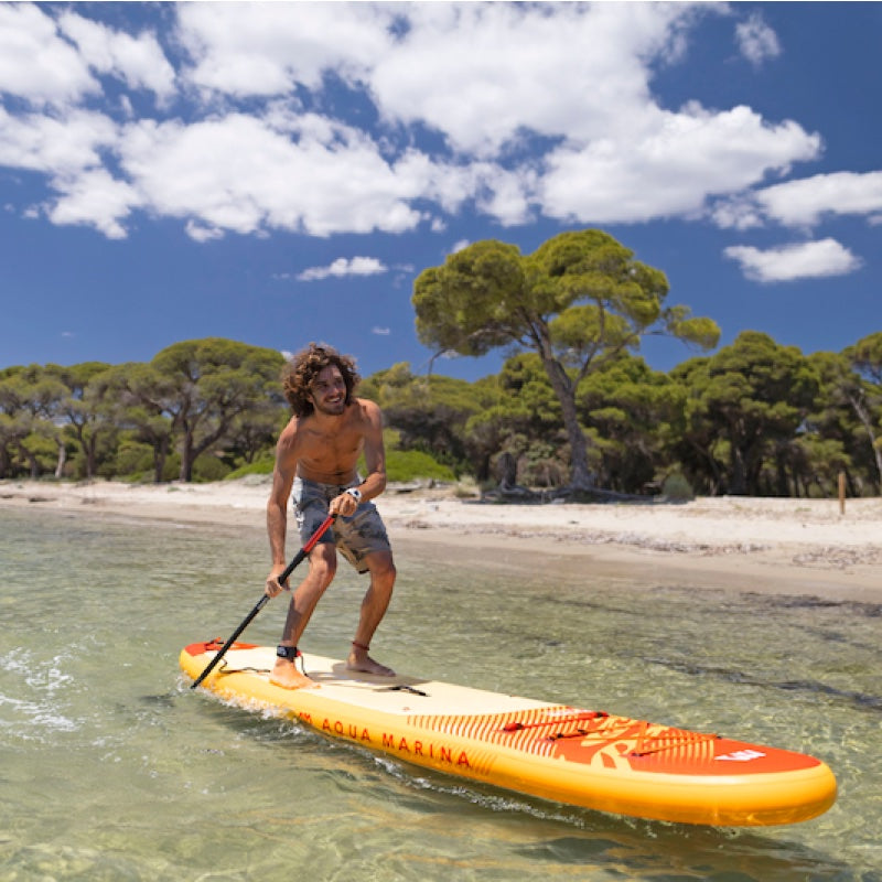 Man paddleboarding on a clear day with trees in the background