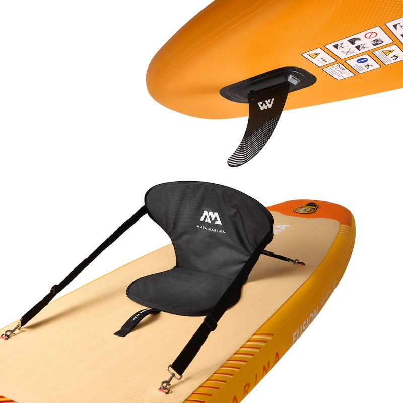 Paddleboard with black seat and fin on a white background