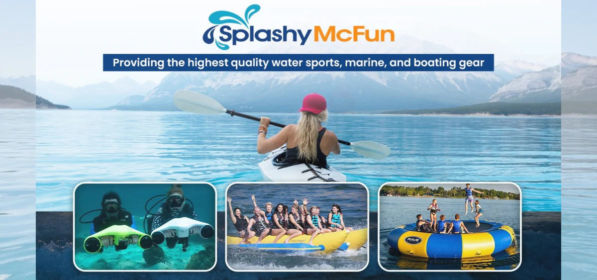 Splashy McFun Homepage. The blue and orange Splashy McFun logo is at the top, below it states; "Providing the highest quality water sports, marine, and boating gear. A young woman is kayaking with a mountain range in the background. An image of underwater scooters, banana boats, and water trampolines are below her.