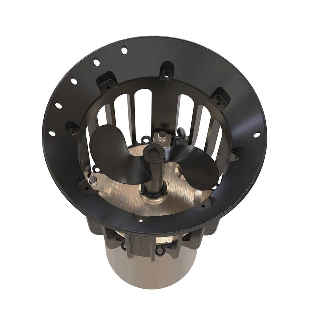 Top view of the New Power House Ice Eater - Version 2. Black cage around a black propeller on top of a stainless steel motor canister. 