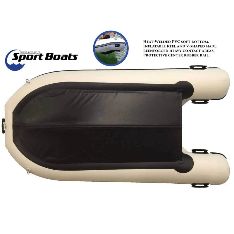 Inflatable boat bottom view with off-white exterior and reinforced black bottom, featuring Inflatable Sport Boats logo.