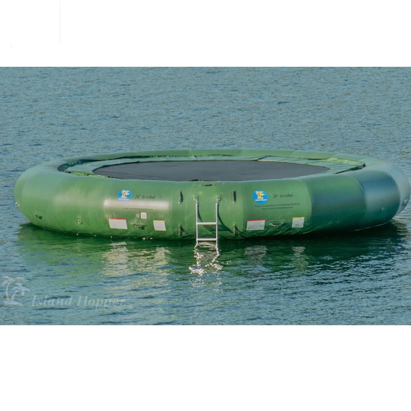 Inflatable trampoline floating on water with a ladder