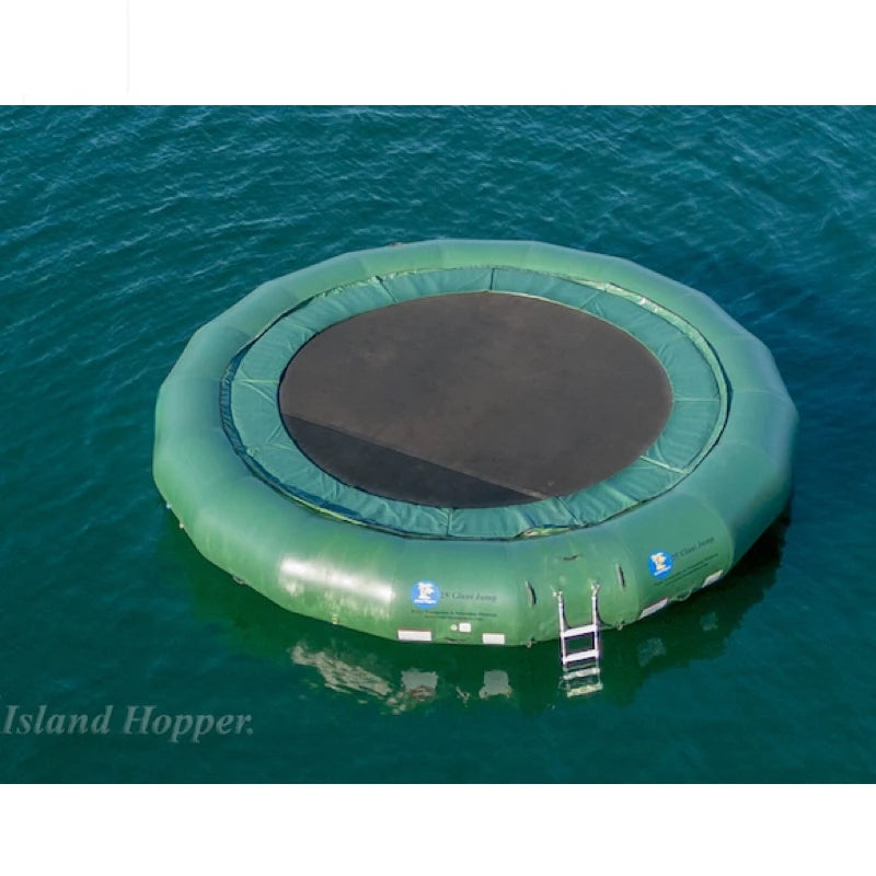 Green inflatable trampoline floating on water with 'Island Hopper' branding.