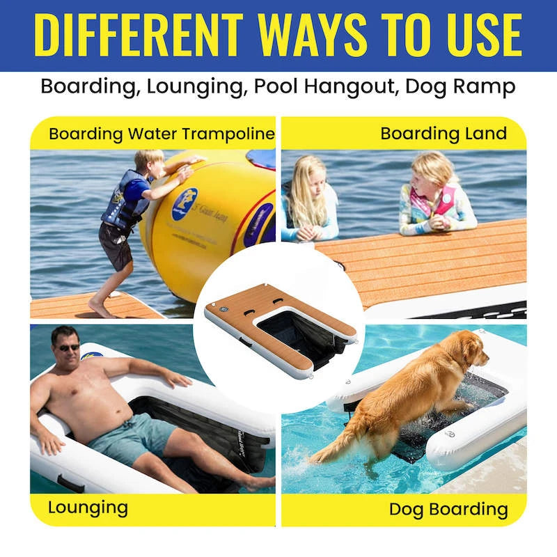Inflatable pool toy with various uses including boarding, lounging, pool hangout, and dog ramp.