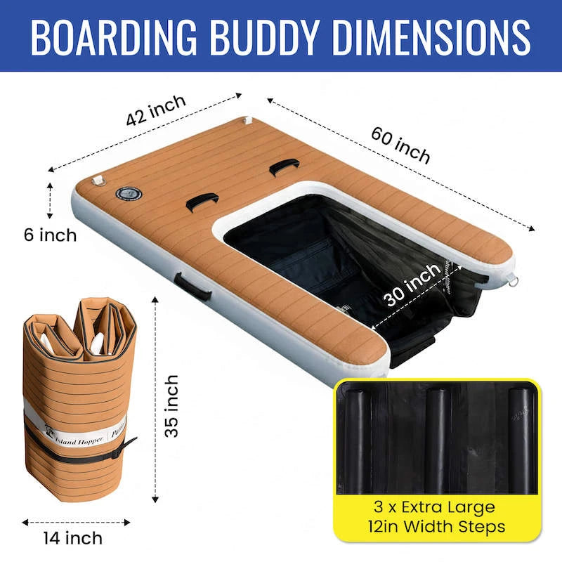 Dimensions of a boarding buddy product with non slip surface and black mesh netting.