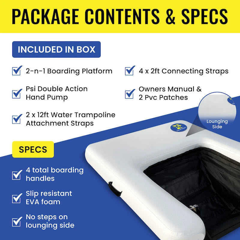 Product package contents and specifications with an inflatable floating lounger