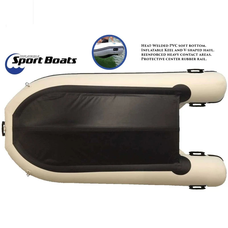 Inflatable boat with a reinforced black bottom and a white exterior, featuring Inflatable Sport Boats branding.