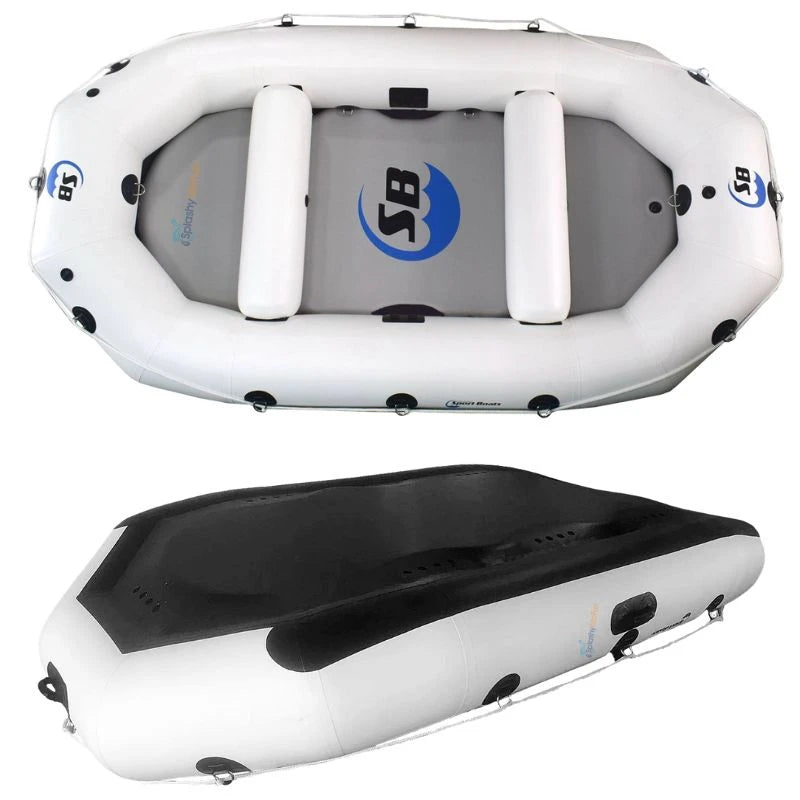 2 views of an Inflatable white water raft. Visible brand logo on a white background.
Underneath, there is an upside-down raft so that we can see the black reinforced bottom. 