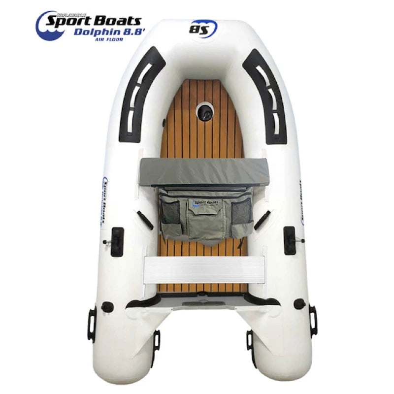 Inflatable boat with a wooden-looking air floor and Inflatable Sport Boats branding on a white background
