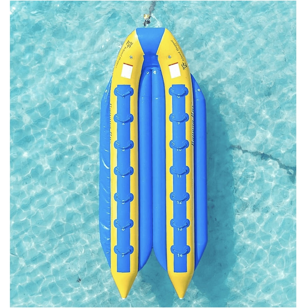 Island Hopper 14 Person Banana Bus top view on the ocean. Shows the 7 handles on each banana tube for 14 passenders.