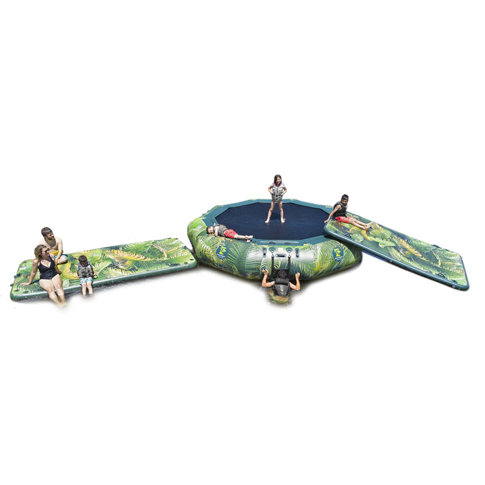 This is the Island Hopper 15ft Lakeside Series Water Bouncer with 2 slides attached in action on the lake and 2 adults sitting on on one slide along with 5 children of various ages playing.