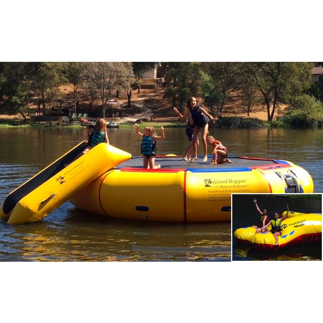 17ft Island Hopper Bounce n Splash Inflatable Water Park. Yellow water bouncer, slide, and double blaster.