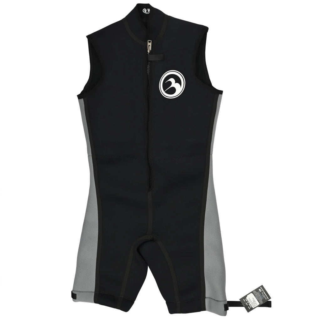 Black sleeveless wetsuit with gray accents, with white Barefoot logo on the left chest. Front view.

