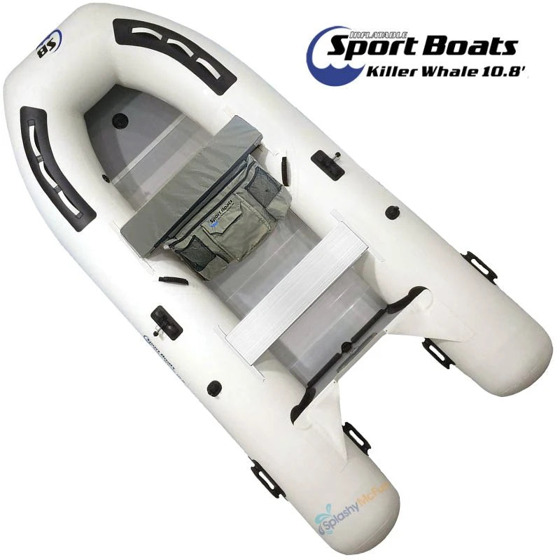 White inflatable boat with gray interior on a white background, featuring Inflatable Sport Boats branding.