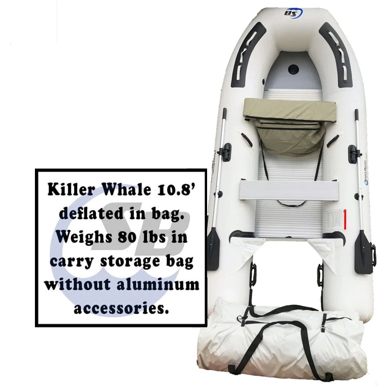Inflatable kayak deflated in a storage bag with product details on a white background