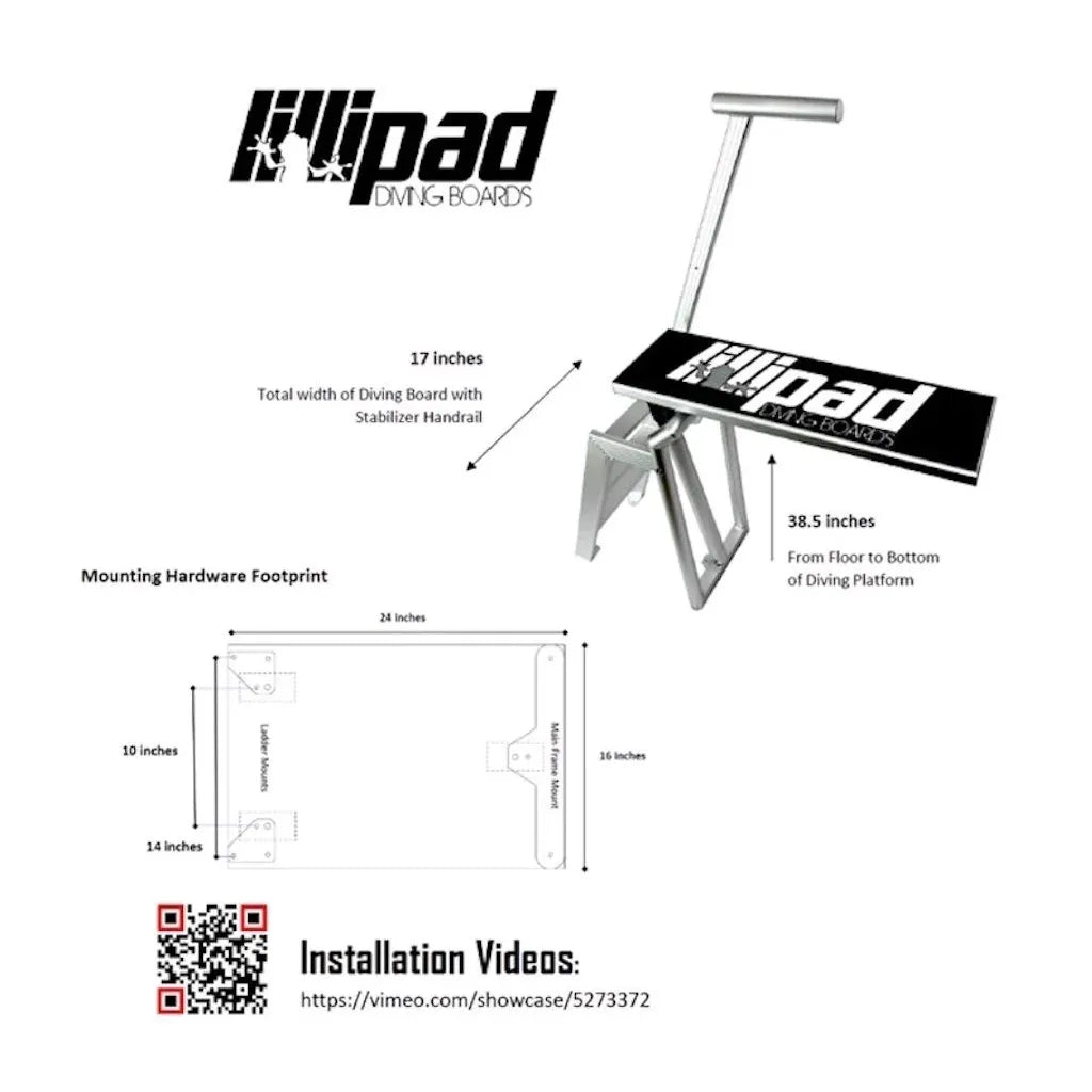 Lillipad diving board with dimensions and installation video link on a white background