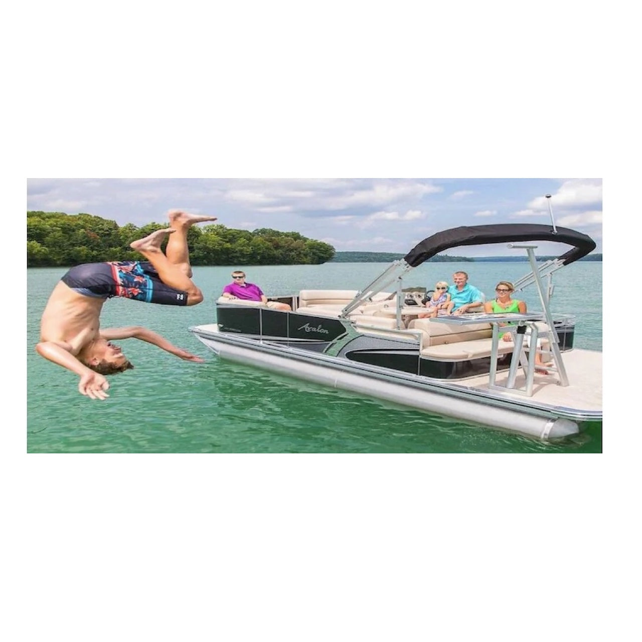 A teenager does a flip off of the Lillipad Diving Board out on the lake, the pontoon diving board is mounted on a pontoon boat. Also known as Lily Pad Diving Board