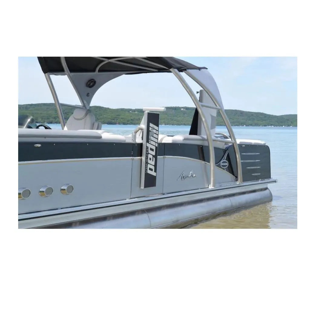 Lillipad Diving Board in the down position on the side of a pontoon boat.