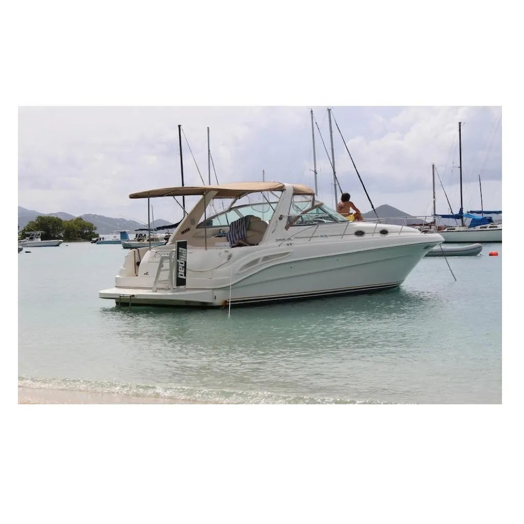 Lillipad Diving Board in the down position on the back of a cruiser in the bay. 